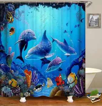 Завеса за душ с Делфина Сини Подводен Свят на Морската флора и фауна Полиестерен плат Детска Океанская тема Подвесная Завеса за декора на банята Куки