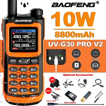 Baofeng UV G30 Pro Портативна Преносима радиостанция с мощност 10 W с далечен радиус на действие на FM-радио Stopwatch 1000 канали, USB-C Зарядно Устройство Ловно Шунка 2Way Radio