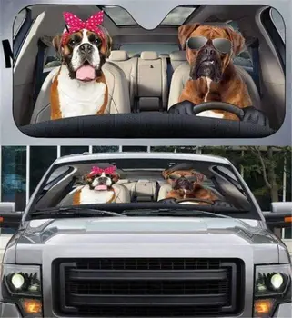 FKELYI Забавен сенника на предното стъкло на превозното средство Куче-боксер Зад волана Дизайн на сенника, персонални автоаксесоари Универсална кацане