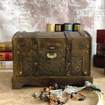 Ретро Дървен Пиратски Сандък със съкровище, Кутия за съхранение на бижута, Финансирани по памет, украса за съкровищницата, Домашен Органайзер