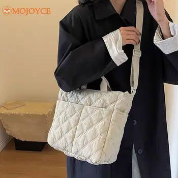 Дамска чанта с памучна подплата, стеганая однотонная зимна чанта-тоут, с множество джобове, дамски модерна чанта през рамо, чанта през рамо с голям капацитет.