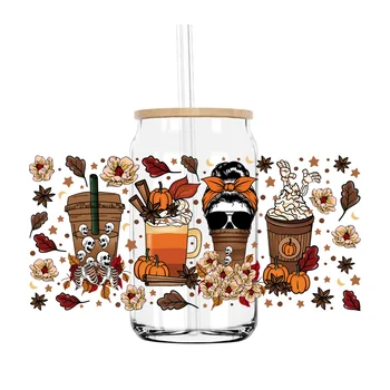 Есента череп Coffee Girls 16 УНЦИИ UV DTF Опаковка за чаши и лепенки за поръчка на Етикети Направи си САМ Здрав водоустойчив логото за стъклени буркани Libbey