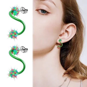 1 чифт S-образни силиконови топки за коса, обеци-на карамфил, Зелена Спирала, прости обеци от неръждаема стомана, бижута за пиърсинг на ухото в стил пънк