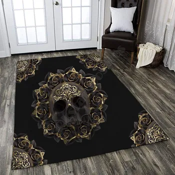 Мат с череп, черни рози, 3D-принтом из цялата стая, подложка за пода, противоскользящий килим, украса на дома, тематични килим за хол