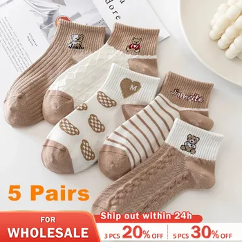 5 Двойки женски елегантните чорапи в ретро стил от полиестер и памук с ниска тръба за момичета, Дишащи Ежедневни чорапи в японски стил