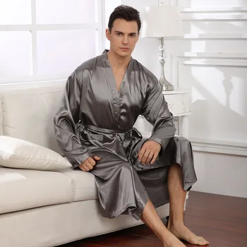 Мъжки халат-кимоно, пижама, халат Casual с V-образно деколте, Копринено сатен нощница с дълъг ръкав, бельо, пижами, Мека домашно облекло