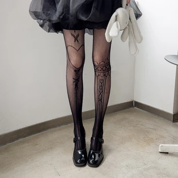Женски японски секси чорапогащник в рибарска мрежа, чорапи Harajuku JK, асиметричен модел с формата на сърце, выдалбливают мрежести чорапогащи