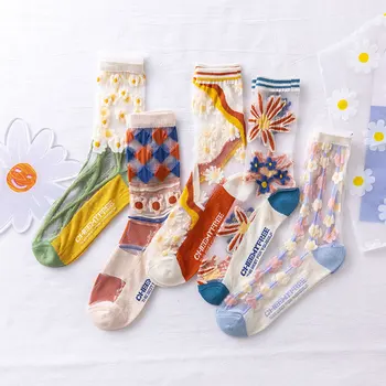 3 Чифта Летни Тънки Прозрачни Женски чорапи, изработени от кристал и коприна, Дантела и Корейски Високи Дълги чорапи с цветен модел на Kawai