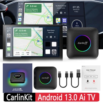 CarlinKit Ai TV Box Android 13,0 QCM6125 WiFi 2.4ghz + 5G Wi Android Auto CarPlay 8 + GB 128 GB Led Дихателен Фенер за iPhone 6