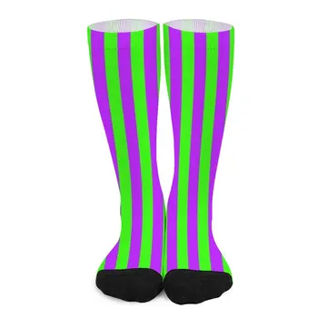 Неоново зелени и лилави чорапи вертикални райета, подарък за Свети Валентин за момче, спортни чорапи за мъже essential