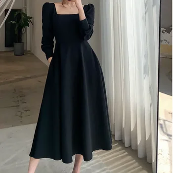 QWEEK Винтажное Черна рокля Миди с дълъг ръкав, Женствена рокля с френско-квадратна яка, Елегантни вечерни рокли Есен-2021, Шик модни дрехи Kpop