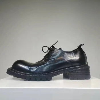 Мъжки ежедневни обувки с дебела подметка от естествена кожа, високо качество, ръчна изработка на британския стил, мъжки бизнес ежедневни обувки