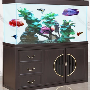Голям несменяемый воден екран от пода до тавана, дънен филтър за аквариум със златни рибки, в аквариума с драконьими рибки