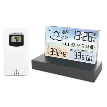 Многофункционална цифрова метеорологичната станция, будилник с прогнозата за времето, сензор за температурата в стаята и навън, влага, Календар