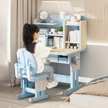 Детски бюро и комплект столове, Регулируеми по височина Детски мебели desk за ученици с чекмеджета Детски бюро