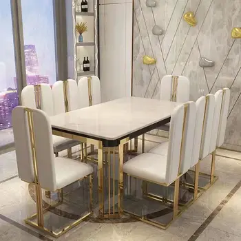 Стил Светъл луксозна маса за хранене правоъгълен прост железен художествен потребителска маса от скандинавския мрамор и комбинация от стола