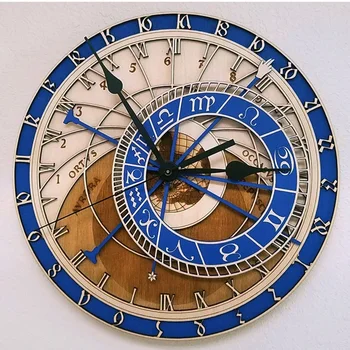 Творчески стенни часовници Прага Астрономически Дървени часовници, Стенни часовници за всекидневна кварцов часовник Декорация на дома, Дървени часовници без звук