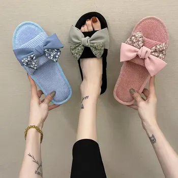 2021 Домашни Сладки памучни чехли с лък, дамски есен-зима удобни чехли, пухкави чехли, дамски модни дамски обувки
