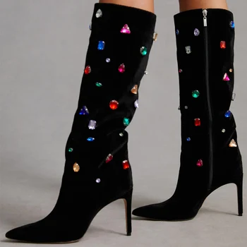 Цветни ботуши с кристали, дамски секси ботуши до коляното на висок ток с остър пръсти и кристали, модерни обувки за модния подиум, по-големи размери