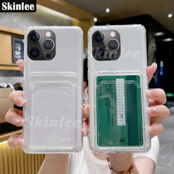 Skinlee За iPhone 15 Pro Max 4G Калъф Прозрачно Отделение За Съхранение Чанта За Карти въздушна Възглавница Мек Калъф За iPhone 15 Plus Делото