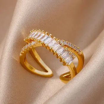 Квадратни пръстени с кръстосани цирконами За жени, Регулируем пръстен от неръждаема стомана Златист цвят, Сватбени Естетически декорации, Подарък anillos mujer