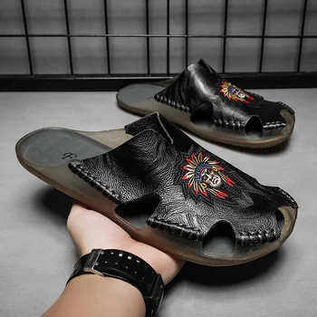 Висококачествени мъжки обувки 2023 г., нови летни сандали кожа ръчно изработени Baotou, улични плажни сандали на равна подметка, ежедневни и удобни