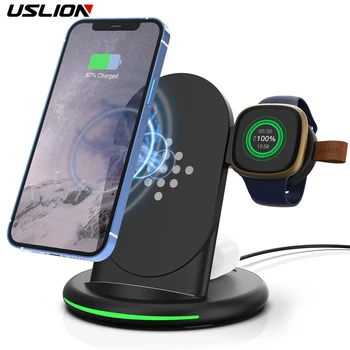 Безжично Зарядно Устройство USLION 3 в 1 За iPhone 13 Samsung QI Fast Charge Настолна Безжично зарядно устройство ще захранване на Зарядно За Apple Watch 6/5 Airpods Pro