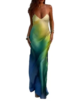 Жена макси рокля без ръкави с цветен принтом в стил бохо, плажна рокля с V-образно деколте и с отворен гръб