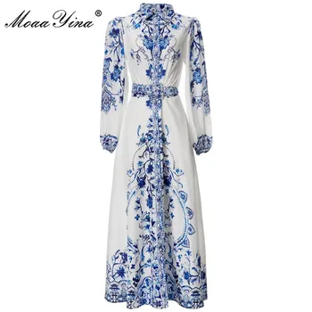 Модерно дизайнерско лятото женствена рокля MoaaYina с отложным яка и дълъг ръкав-фенерче, сини и бели рокли с фарфоровым принтом