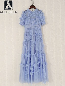Висококачествено дамско многослойно рокля AELESEEN, Лятно Синьо Дантелено рокля с бродерии, и накъдрен, много буен бална рокля за бала и дълга партита