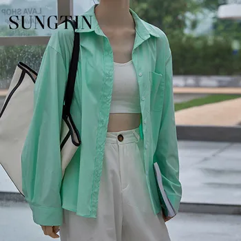Sungtin Ежедневни Тънки ризи с дълъг ръкав, блуза, Дамски Корейската мода, лилава риза с джоб, Солнцезащитная градинска риза, Лятна Зелена