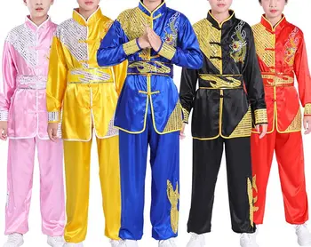 детски дрехи с бродерия дракон, детски костюми за тайдзи, форма за изяви по бойни изкуства ушу, розов / зелен / син / червен