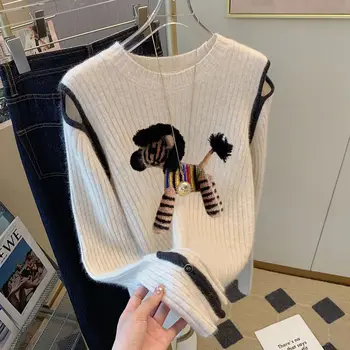 Semalam 2024 Ретро пуловер Женски есенно-зимния мързелив и свободен от висок клас пуловер с кръгло деколте