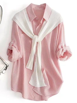 Ежедневни Шал, Шал + Блузи, Ризи, Комплект от 2 теми, Свободни Дамски Летни блузи 2023 в ивица с отложным яка и къс ръкав