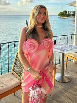 Комплект Женски рокли 2023 Fashion Pink Vacation Lady Vestidos Лятна Рокля-комбинация без ръкави с цветен печат, Женствена Секси Мини рокля с принтом в стил Хип-хоп