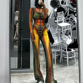 Жена Мрежест костюм от 2 теми С геометричен Принтом в Грах, тениски с дълъг ръкав и висока воротом + Разкроена Панталони, Спортно облекло 2 цвят S-L