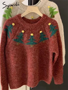 Дамски пуловери Syiwidii Грозната Коледа 2024, нова реколта свободни пуловер с кръгло деколте и дълъг ръкав, всекидневни плетени жакард скок