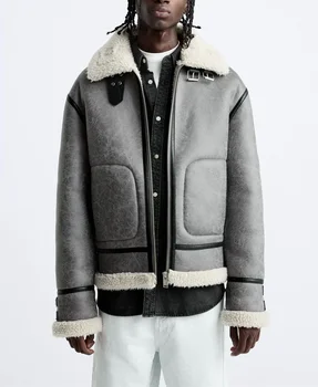2024 Нов зимен сгънати на ревера от овча кожа, велур в американски стил, градинска кожа яке, палто, мъжки двустранни палто в английски стил, мъжки палта