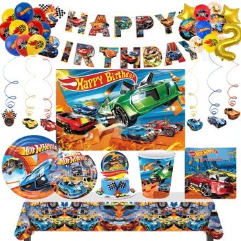 Украса за рожден ден момчета Hot Wheels Автомобилна тема за Еднократна употреба Чинии, прибори, Покривка, балони, Аксесоари за парти в чест на рождения Ден на детето
