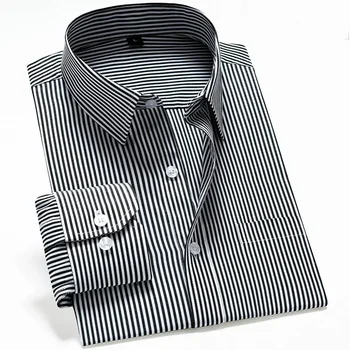 Качествени Класически Мъжки Ризи Облекло С Дълги Ръкави Ежедневни Официалната Мъжка Раирана Риза С Копчета Slim Fit Памучен Черна Риза