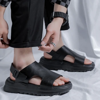 Нови луксозни дизайнерски сандали, мъжки класически плажни обувки на дебела подметка, модерен роман ежедневни градинска лятна мъжки обувки от естествена кожа