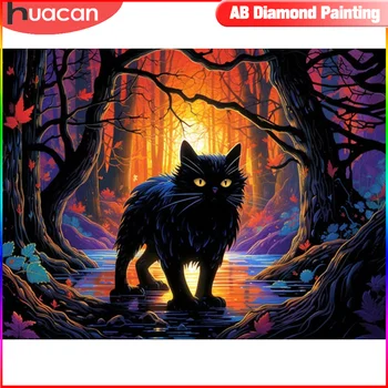 HUACAN Diamond Живопис Animal Black Cat AB Пробийте Mosaic Forest Sunset 5D САМ Декоративни Картини на Нови Приходи