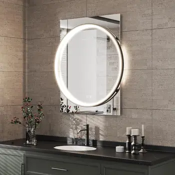 Квадратно и Кръгло Тоалетен Огледало LOVMOR 28 Инча с Подсветка, Led Огледало, за Баня, за Стенен Монтаж, Черно Тоалетен Огледало С Осветление, Анти-Мъгла