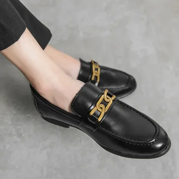 Лоферы Мъжки Висококачествени Ежедневни Метални Орнаменти Бизнес Официално Оксфордские Обувки, Обувки За шофиране Голям размер Мъжка Черна Кожена Обувки