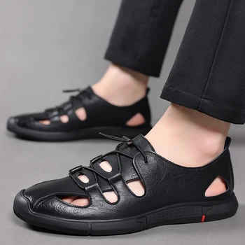 2023 Нови модни мъжки сандали на равна подметка, ежедневни градинска нескользящая удобни дишащи обувки с мека подметка, лаконичная однотонная обувки за мъже