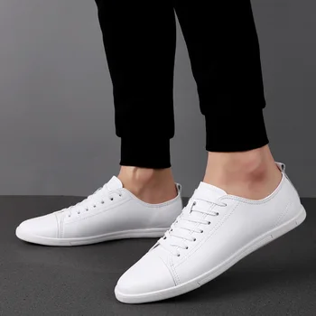 Класически бели обувки, мъжки модни мъжки ежедневни обувки, Дишаща Меки кожени мъжки обувки, модел однотонная мъжки обувки