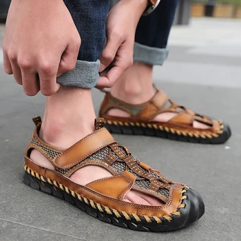 Летни нови кожени сандали без закопчалка на равна подметка, мъжки модни нескользящие чехли за мъже, улични удобни Мъжки сандали за плаж от пясък