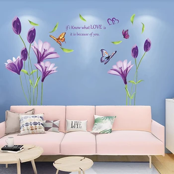 Стикери за стена под формата на лилави лалета, винилови стикери с цветя във формата на пеперуди, подвижни стенописи в формата на цветя за дома хола и детската стая