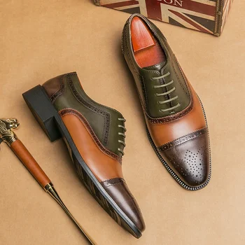 Нови мъжки модел обувки, броги, квадратен чорап, Многоцветни бизнес обувки с дантела-за мъже с безплатна доставка