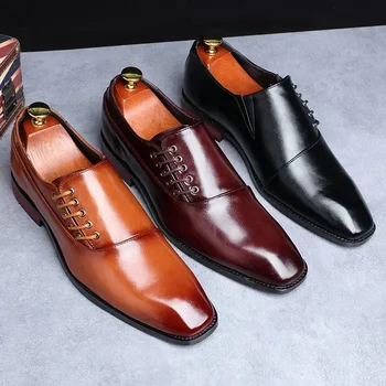 Мъжки кожени обувки в бизнес стил, британски остроносые дерби, модерни ежедневни дишащи луксозни сватбени обувки на дантела-за мъже